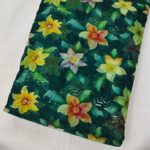 Bottle_Green_Floral_Position_Print_With_Embroidery_On_Organza_Fabric