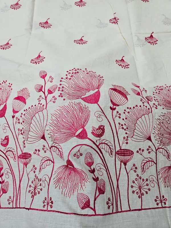 Floral_Rani_Pink_Thread_Embroidery_On_Kora_Mul_Cotton_Fabric