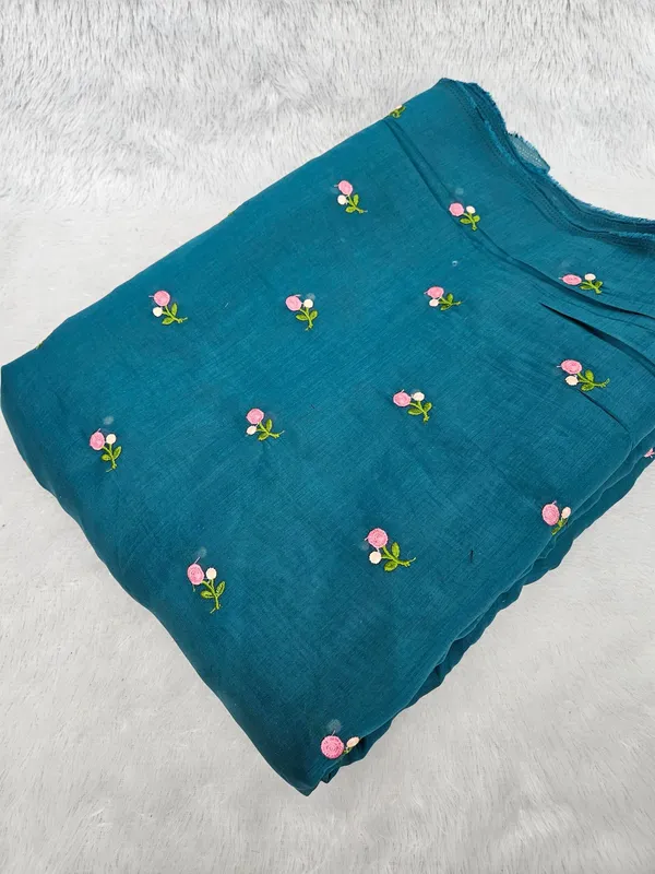 Teal_Blue_Floral_Embroidery_On_Mul_Chanderi_Fabric