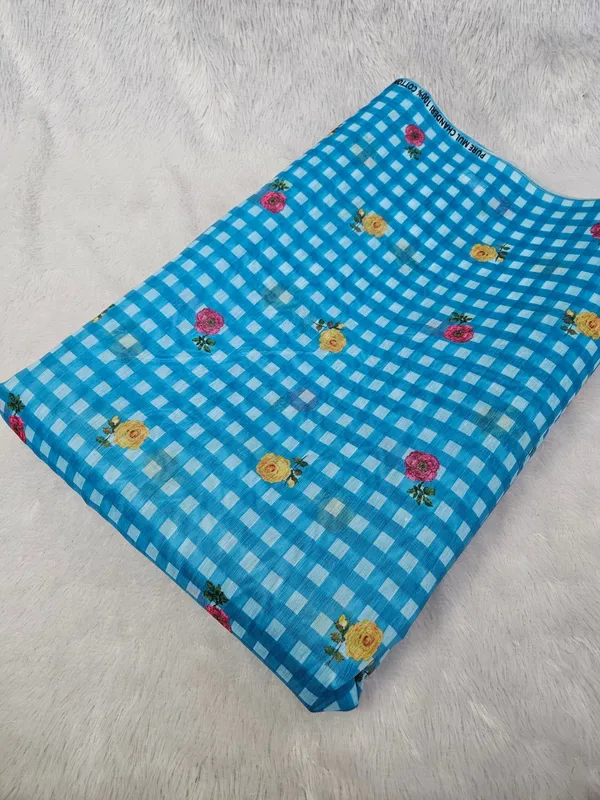 Blue_Check_Floral_Print_On_Mul_Chanderi_Fabric