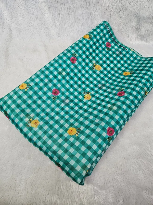 Sea_Green_Check_Floral_Print_On_Mul_Chanderi_Fabric