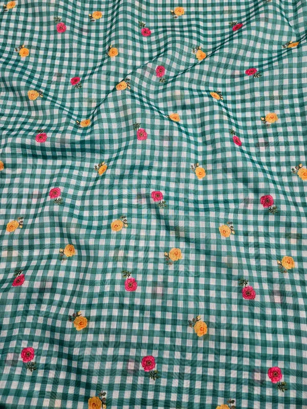 Sea_Green_Check_Floral_Print_On_Mul_Chanderi_Fabric