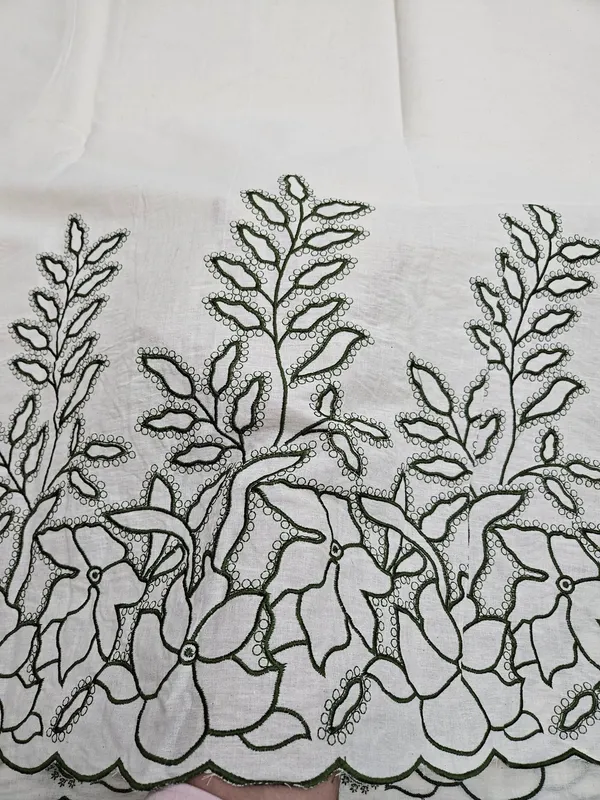 Dark_Mehendi_Green_Thread_Embroidery_On_Kora_Mul_Cotton_Fabric