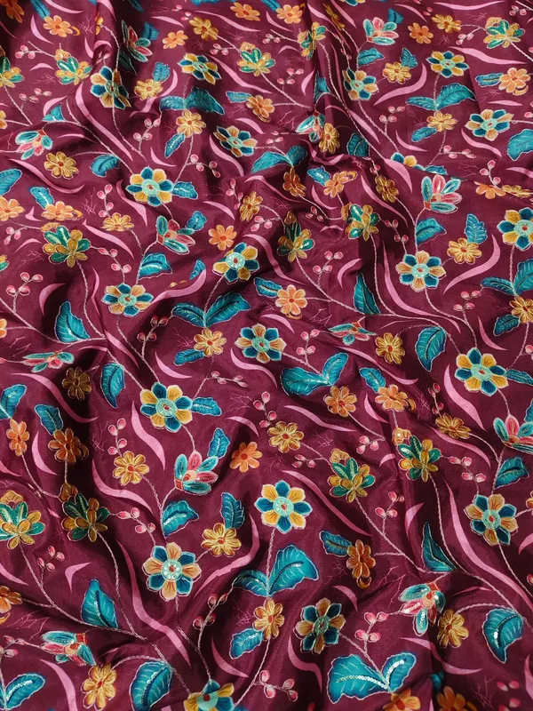 Dark_Wine_Floral_Position_Print_With_Embroidery_On_Chinon_Fabric