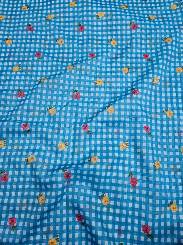 Blue_Check_Floral_Print_On_Mul_Chanderi_Fabric