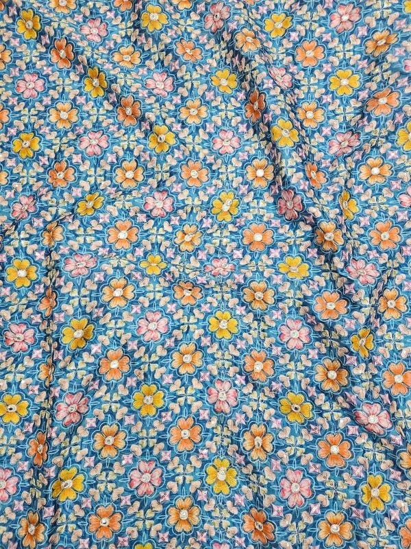 Teal_Blue_Floral_Position_Print_On_Chinon_Fabric