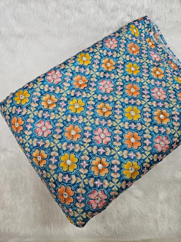 Teal_Blue_Floral_Position_Print_On_Chinon_Fabric