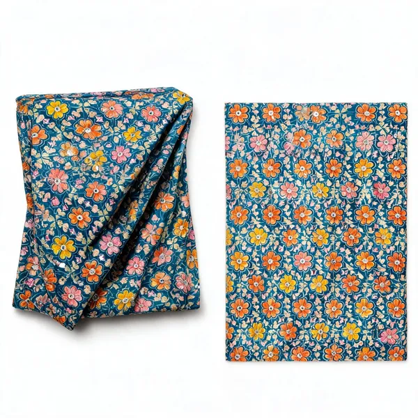 Teal_Blue_Floral_Position_Print_On_Chinon_Fabric
