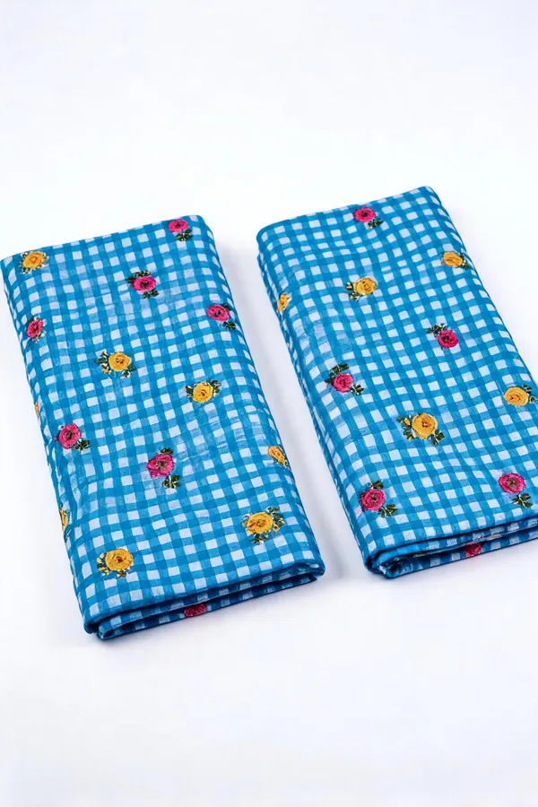 Blue_Check_Floral_Print_On_Mul_Chanderi_Fabric