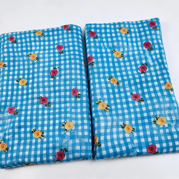 Blue_Check_Floral_Print_On_Mul_Chanderi_Fabric