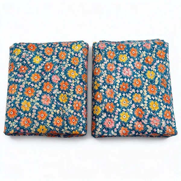 Teal_Blue_Floral_Position_Print_On_Chinon_Fabric