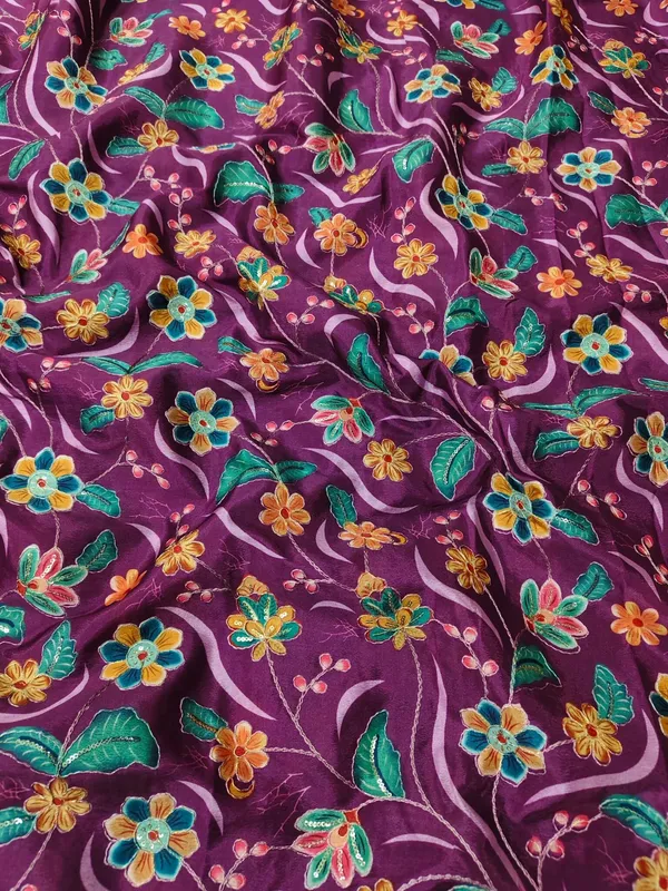 Wine_Floral_Position_Print_With_Embroidery_On_Chinon_Fabric