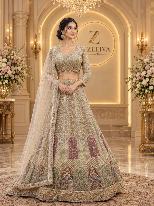 Beige_Embroidered_Flared_Lehenga_Choli_Set_For_Women