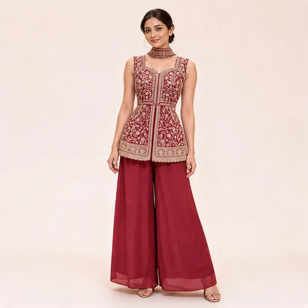 Maroon_Star_Georgette_Kurta_Palazzo_Set_For_Women
