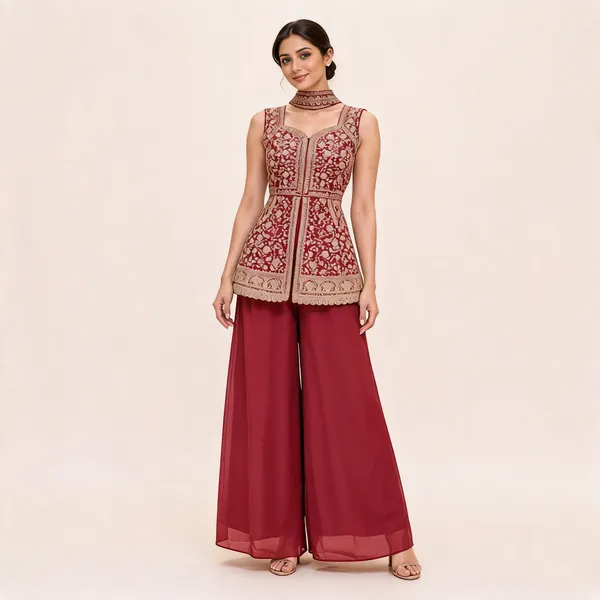 Maroon_Star_Georgette_Kurta_Palazzo_Set_For_Women