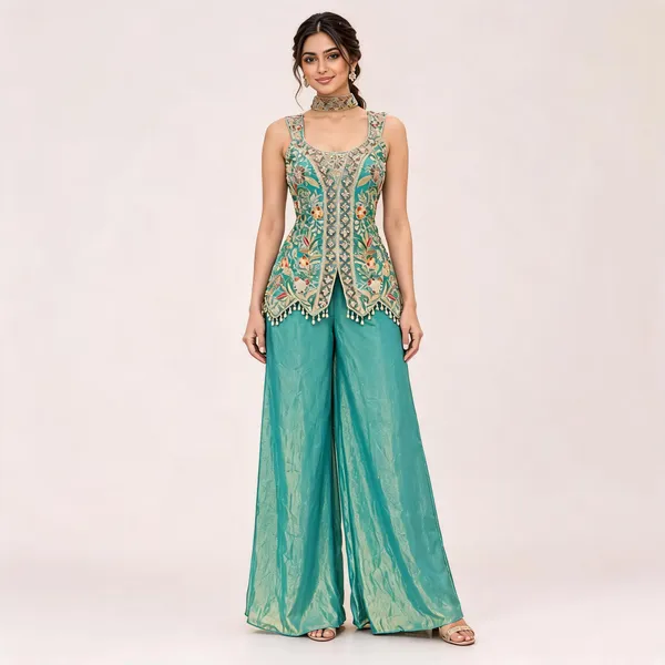 Teal_Fendi_Kurta_Palazzo_Set_For_Women