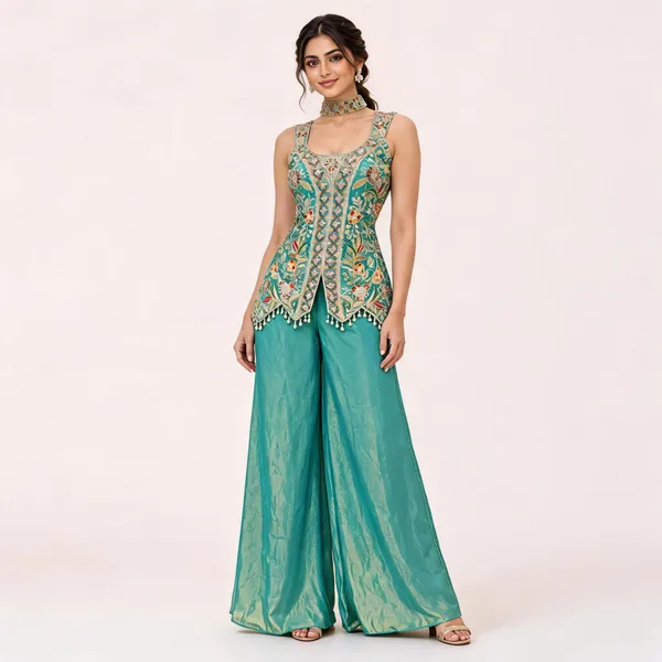 Teal_Fendi_Kurta_Palazzo_Set_For_Women