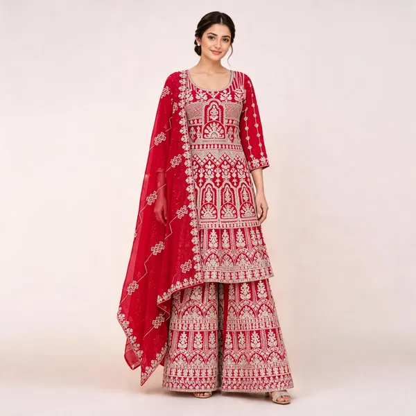 Red_Georgette_Kurta_Palazzo_Set_With_Dupatta_For_Women