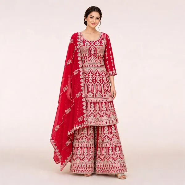 Red_Georgette_Kurta_Palazzo_Set_With_Dupatta_For_Women