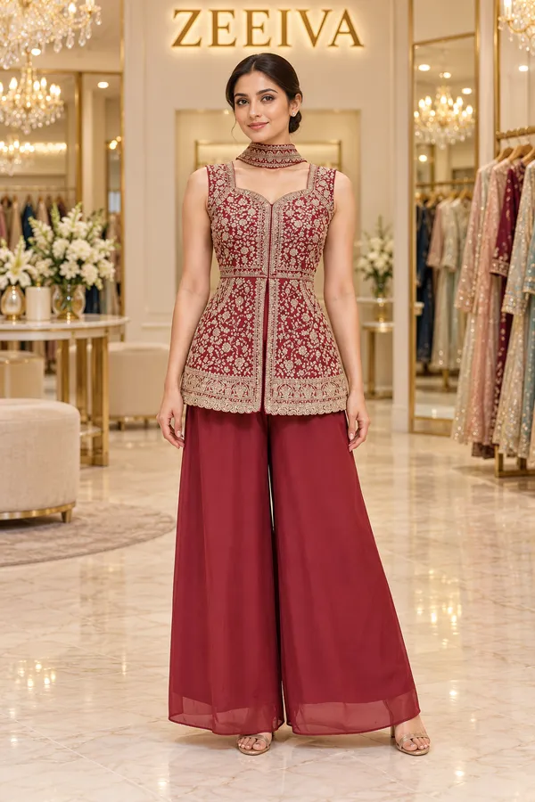 Maroon_Embroidered_Peplum_Kurta_Palazzo_Set_For_Women