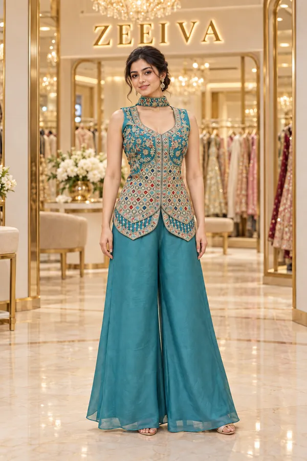Teal_Printed_Sleeveless_Peplum_Palazzo_Set_for_Women