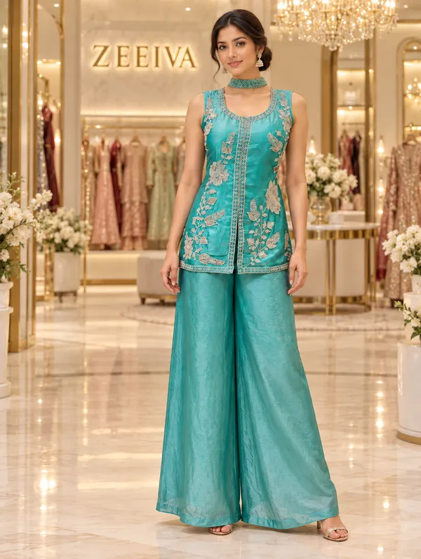 Turquoise_Embroidered_Kurta_Palazzo_Set_for_Women