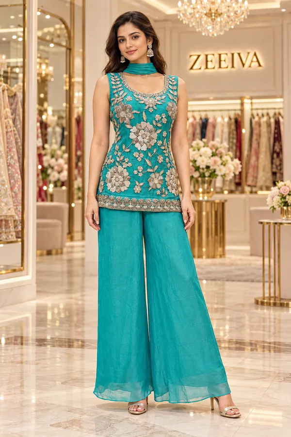 Turquoise_Embroidered_Kurta_Palazzo_Set_for_Women