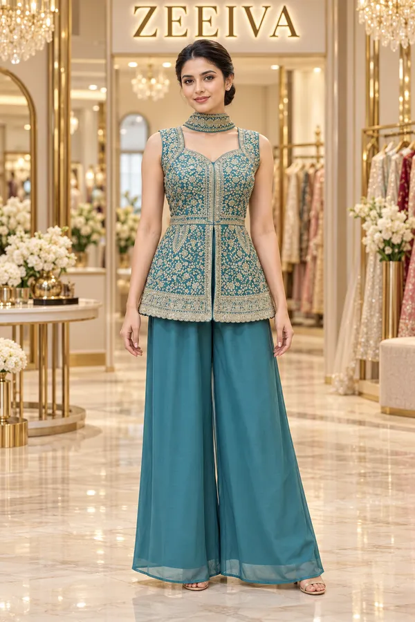 Teal_Embroidered_Peplum_Kurta_Set_for_Women