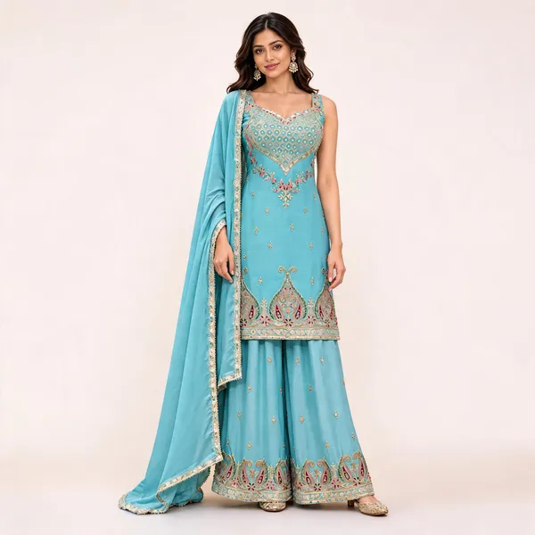 Turquoise_Chinon_Straight_Kurta_Set_For_Women