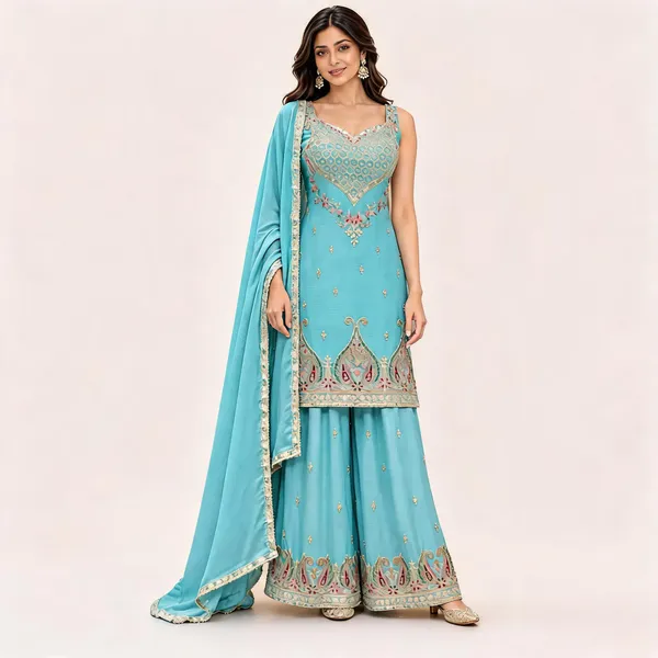 Turquoise_Chinon_Straight_Kurta_Set_For_Women