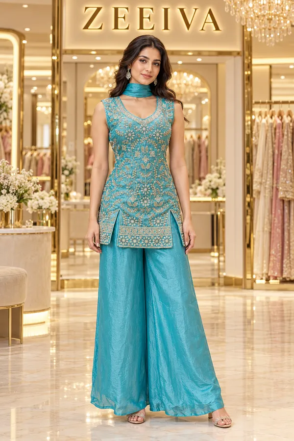 Turquoise_Embroidered_Kurta_Palazzo_Set_For_Women