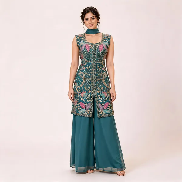 Teal_Star_Georgette_Kurta_Palazzo_Set_For_Women