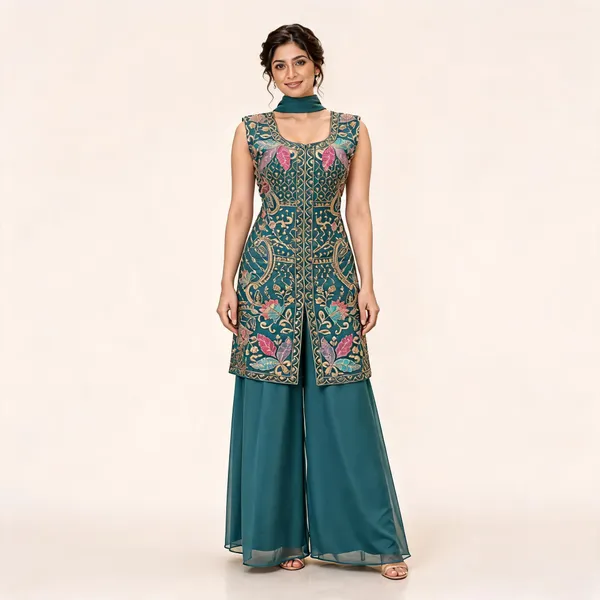 Teal_Star_Georgette_Kurta_Palazzo_Set_For_Women