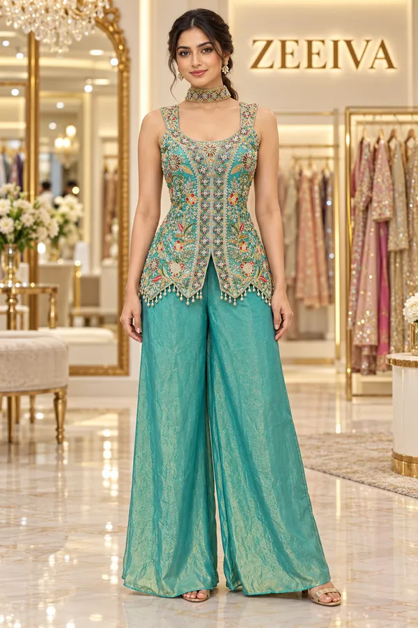 Teal_Embroidered_Sleeveless_Kurta_Palazzo_Set_For_Women
