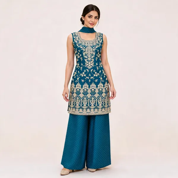 Teal_Fendi_Kurta_Palazzo_Set_For_Women