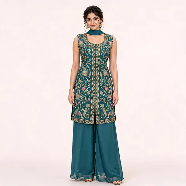 Teal_Star_Georgette_Kurta_Set_For_Women