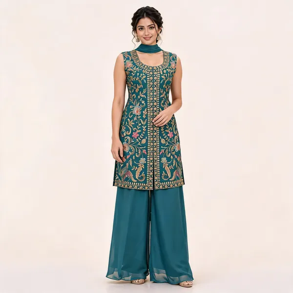 Teal_Star_Georgette_Kurta_Set_For_Women