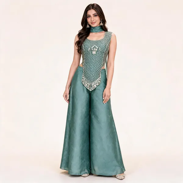 Teal_Gabana_Kurta_Set_For_Women