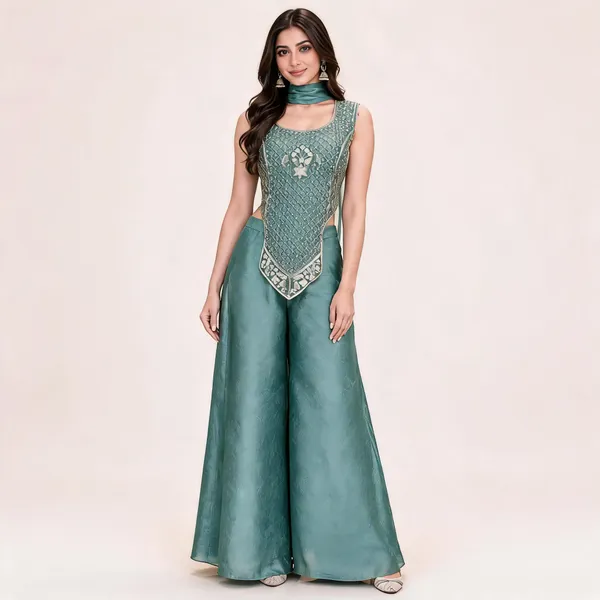 Teal_Gabana_Kurta_Set_For_Women