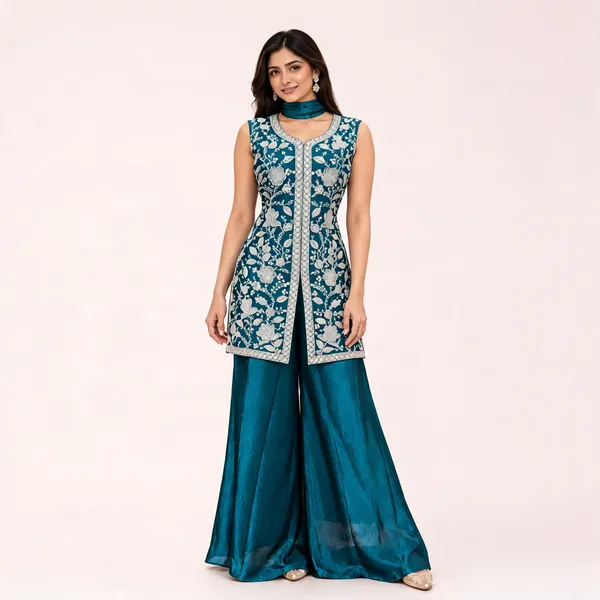 Teal_Fendi_Kurta_Palazzo_Set_For_Women