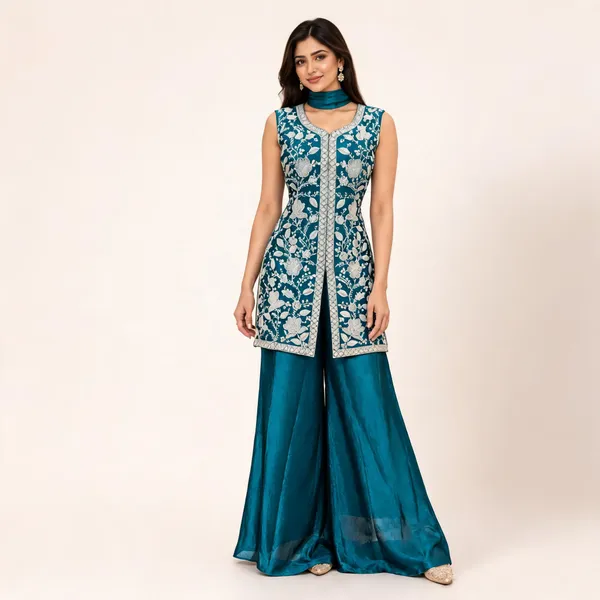 Teal_Fendi_Kurta_Palazzo_Set_For_Women