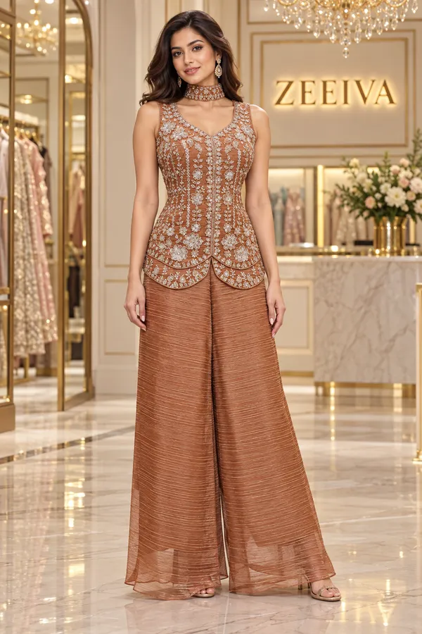 Brown_Embroidered_Sleeveless_Peplum_Suit_Set_For_Women