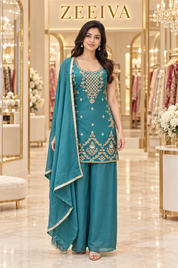Teal_Embroidered_Kurta_Set_For_Women