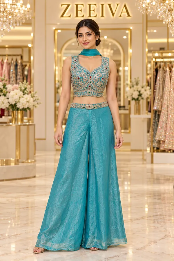 Turquoise_Embroidered_Palazzo_Lehenga_Set_For_Women