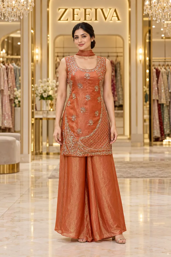 Rust_Woven_Embellished_Kurta_Set_for_Women