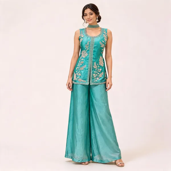 Turquoise_Fendi_Kurta_Palazzo_Set_For_Women