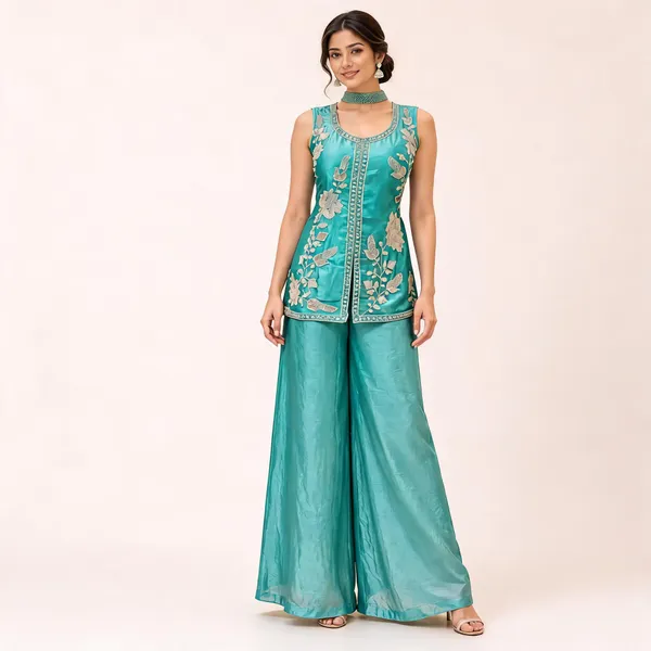 Turquoise_Fendi_Kurta_Palazzo_Set_For_Women