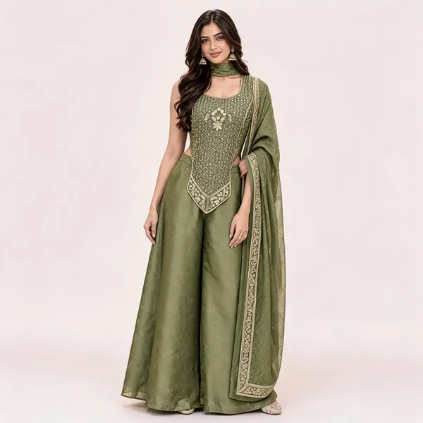 Olive_Green_Gabana_Kurta_Set_With_Palazzo_And_Dupatta_For_Women