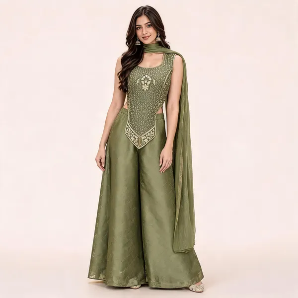 Olive_Green_Gabana_Kurta_Set_With_Palazzo_And_Dupatta_For_Women