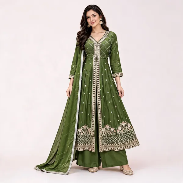 Green_Chinon_Anarkali_Suit_Set_For_Women